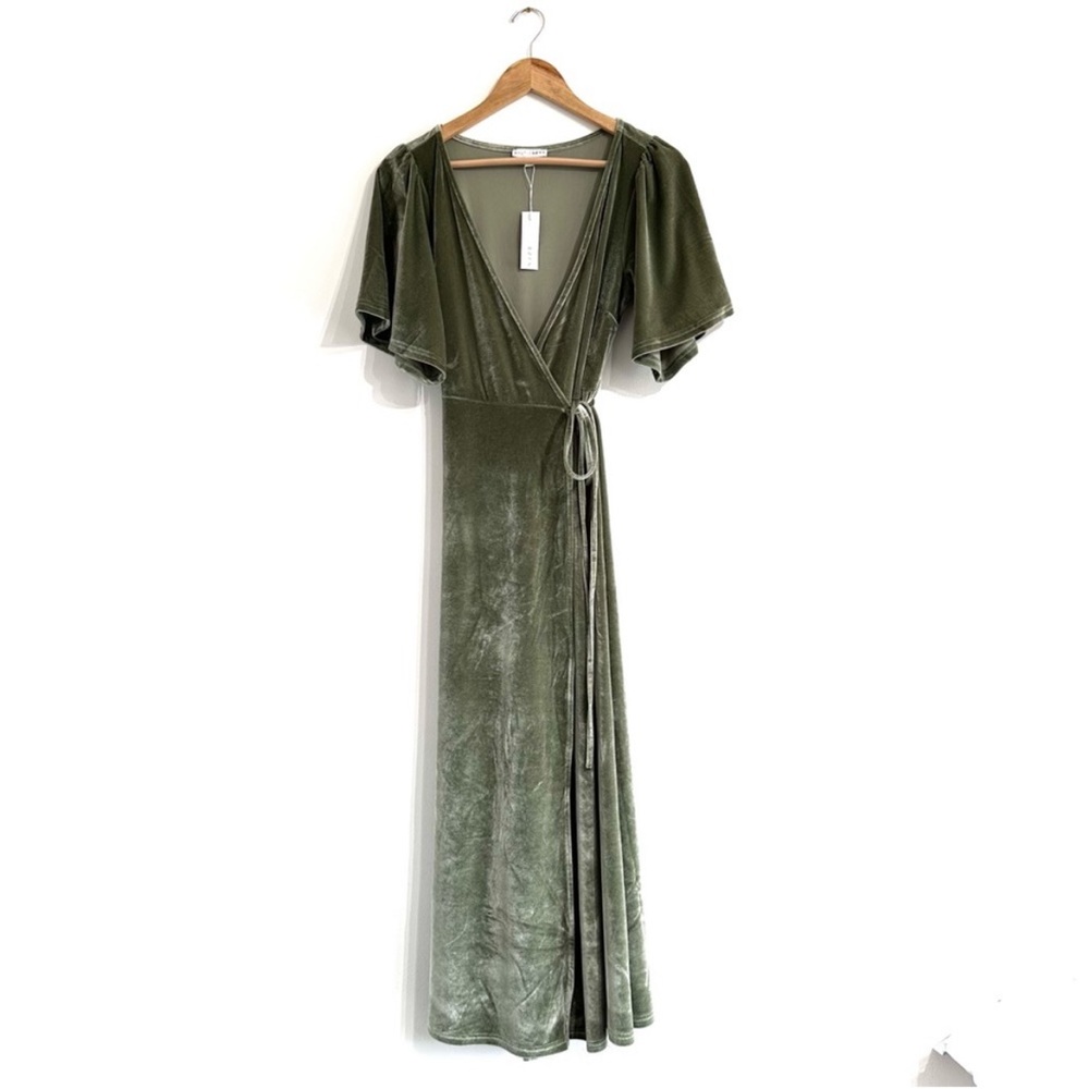Baltic Born Meghan Velvet Wrap Maxi Dress light green flutter sleeve